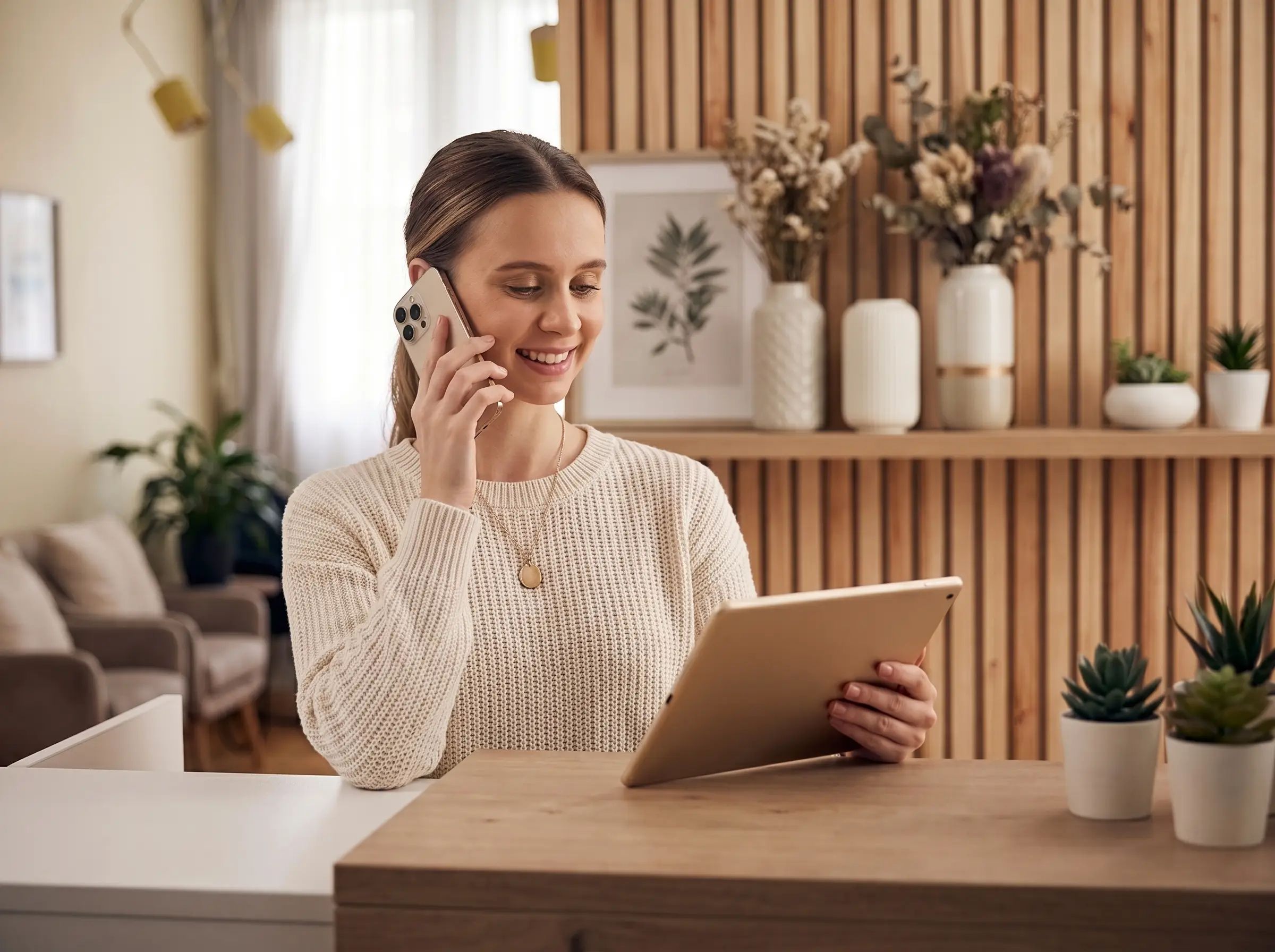 A receptionist taking a call with the day’s bookings open on a tablet