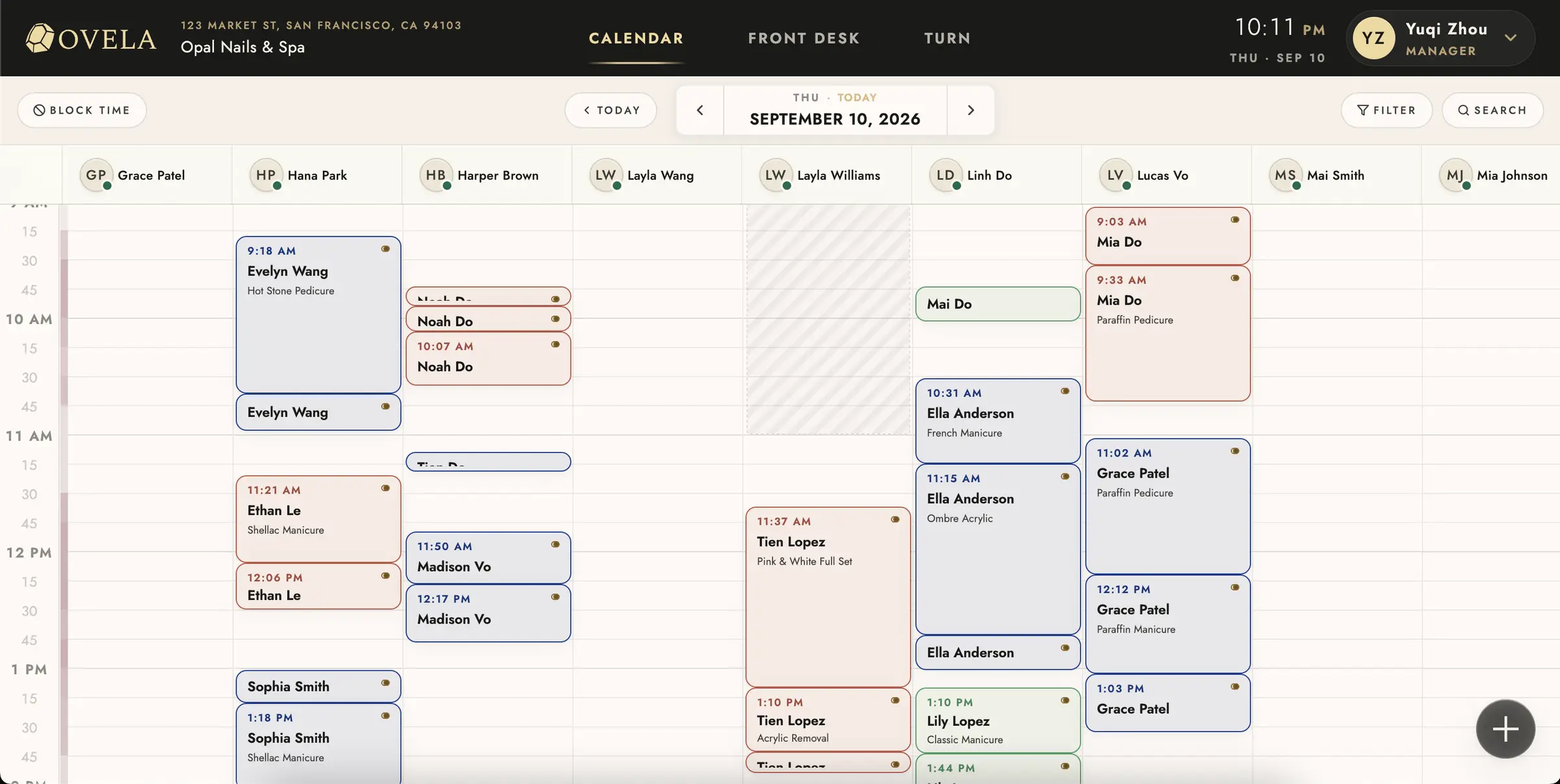 The Ovela calendar, a day of appointments laid out by technician