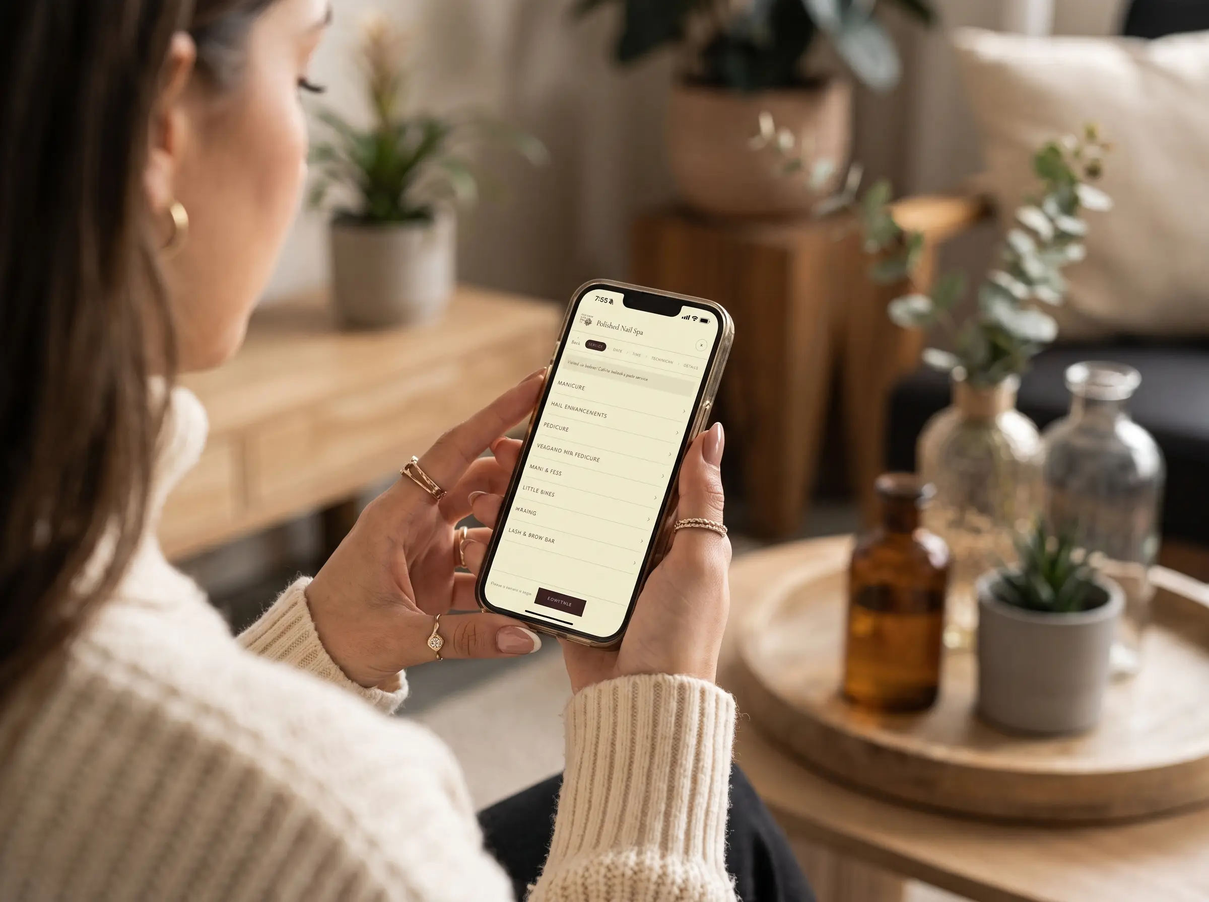 A client choosing a service from the online menu on her phone