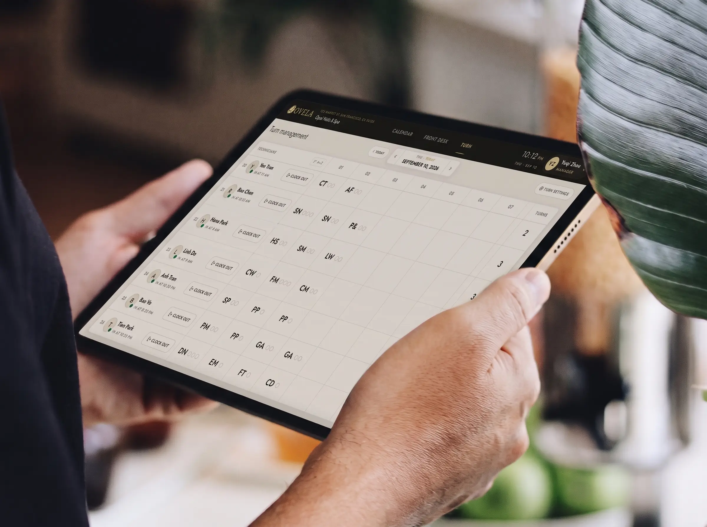 Turn management open on a tablet, each technician and their turns for the day